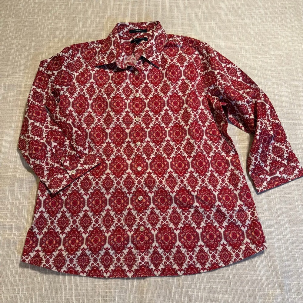 Lands End No Iron Supima Cotton Red Medallion Paisley Button Down‎ Shirt Size 10